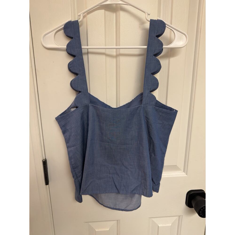 ZARA Blue Denim Cropped Tank Top Scalloped Sleeves Square Neck Size S NWOT - Picture 5 of 5